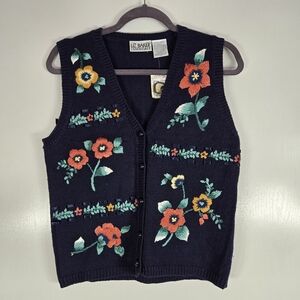 VTG Liz Baker Essentials Dark Navy Blue Floral Embroidered Vest‎ Size SP Whimsy